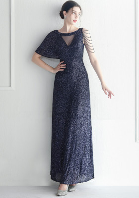 Beaded Ruffle Sleeve Mesh See-Through Bridesmaid Etiquette Celebration Dinner Long Evening Gown