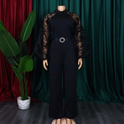 Plus Size Women Loose Patchwork Puff Sleeve Wide Leg Jumpsuit with Belt
