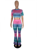 Women Tie Dye Gradient Top and Bell Bottom Pant Two-Piece Set