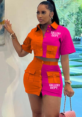 Women Clothing Colorblock Letter Print Contrasting Pocket Short Sleeve Top and Skirt Two-Piece Set