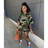 Women Casual Sports Camouflage Print Top and Shorts Two-Piece Set