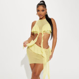 Women Sleeveless Crop Top andmesh See-Through Skirt Two-Piece Set