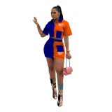 Women Clothing Colorblock Letter Print Contrasting Pocket Short Sleeve Top and Skirt Two-Piece Set
