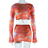 Women Sexy Knot Print Bell Bottom Sleeve Top and Skirt Two-Piece Set