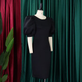 Women Puff Sleeve Round Neck Solid Bodycon Plus Size Slim Fit Dress