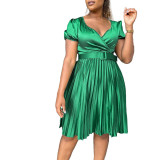 Plus Size Women Summer V-Neck Sexy Pleated Dress with Belt