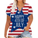 Plus Size Women Printed Summer Short Sleeve V-Neck T-Shirt