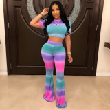 Women Tie Dye Gradient Top and Bell Bottom Pant Two-Piece Set