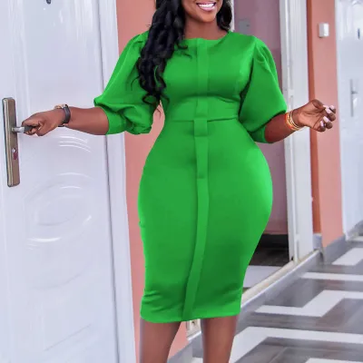Plus Size Women Africa Summer Round Neck Puff Sleeve Bodycon Dress