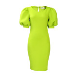 Women Puff Sleeve Round Neck Solid Bodycon Plus Size Slim Fit Dress