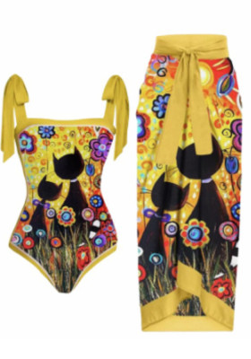 Women French Vintage Print One-Piece Swimsuit Beach Dress Two-Piece Set