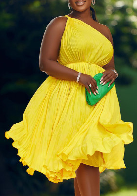 Plus Size African Women Summer Pleated Slash Shoulder Lace-Up Solid Dress