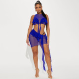 Women Sleeveless Crop Top andmesh See-Through Skirt Two-Piece Set