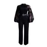 Plus Size Women Loose Patchwork Puff Sleeve Wide Leg Jumpsuit with Belt