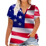 Plus Size Women Printed Summer Short Sleeve V-Neck T-Shirt