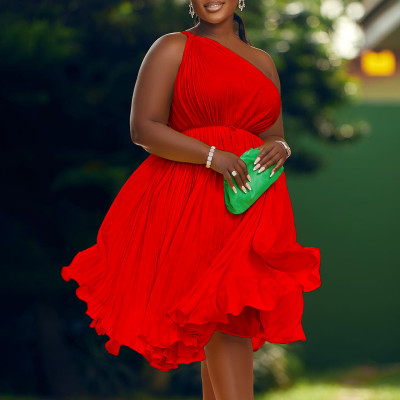 Plus Size African Women Summer Pleated Slash Shoulder Lace-Up Solid Dress