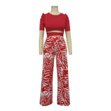 Women's Summer Round Neck Belted Printed Wide Leg Pants Casual Set