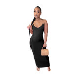 Women's Summer Kardashian Invisible Transparent Suspender Solid Color Long Dress