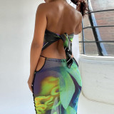 Women's Summer Print Low Back Strapless See-Through Mesh Skirt Set