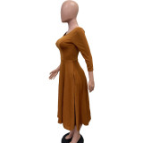 Ladies Spring Solid Color U-Neck Pocket Swing Dress