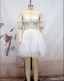 Women's dress V-neck strapless lace mini princess white bridesmaid dress