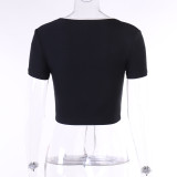 Contrast Color Lace-Up Short Sleeve Top