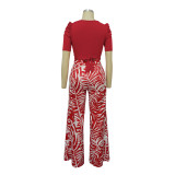 Women's Summer Round Neck Belted Printed Wide Leg Pants Casual Set