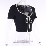 Contrast Color Lace-Up Short Sleeve Top