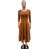 Ladies Spring Solid Color U-Neck Pocket Swing Dress