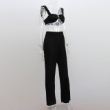 Women's Spring Summer Two-Piece Pleated Sexy Low Back Camisole + Casual Straight Leg Pants Set