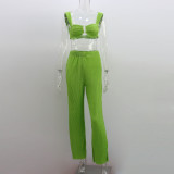 Women's Spring Summer Two-Piece Pleated Sexy Low Back Camisole + Casual Straight Leg Pants Set