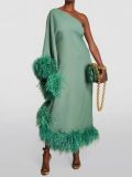 Spring and summer women's feather one shoulder large swing evening dress