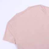 Round Neck Letter Beaded Short Crop Short Sleeve T-Shirt Women's Summer Casual Tops