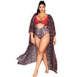 Plus Size Two Pieces Swimsuit Print High Waist Strap Swimsuit Beach Bikini Top Cover-Up