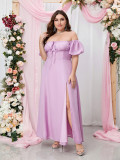 Plus Size Women Strapless Off Shoulder Lace-Up Puff Sleeve Backless Maxi Dress
