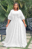 Plus Size Women Summer Solid Lace Round Neck Ruffled Long Dress