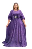 Plus Size Women Summer Solid Lace Round Neck Ruffled Long Dress