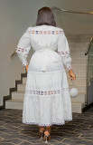 Plus Size Women Vintage Hollow Lace Patchwork Solid Round Neck Loose Long Dress