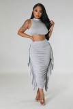 Women Solid Ruffle Crop Tank Top and Skirt Two-Piece Set