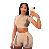Women Summer Color Block Crop T-Shirt and Shorts Two-Piece Set