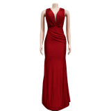 Women Solid V-Neck Sleeveless Pleated Maxi Dress