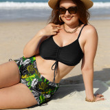 Plus Size Women Bikini Tropical Print Pleated Swimwear Two Pieces