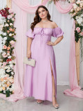 Plus Size Women Strapless Off Shoulder Lace-Up Puff Sleeve Backless Maxi Dress
