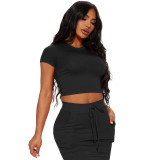 Women Sexy Solid Crop Top and Skirt Two-Piece Set