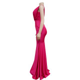 Women Solid V-Neck Sleeveless Pleated Maxi Dress