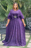 Plus Size Women Summer Solid Lace Round Neck Ruffled Long Dress