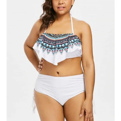 Plus Size Women Printed Fringe Swimwear Two Pieces