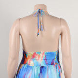 Women Print Cutout Halter Neck Lace-Up Slit Dress