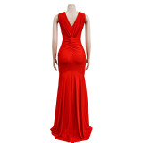 Women Solid V-Neck Sleeveless Pleated Maxi Dress