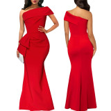 Women Sexy Solid One Shoulder Diagonal Irregular Dress